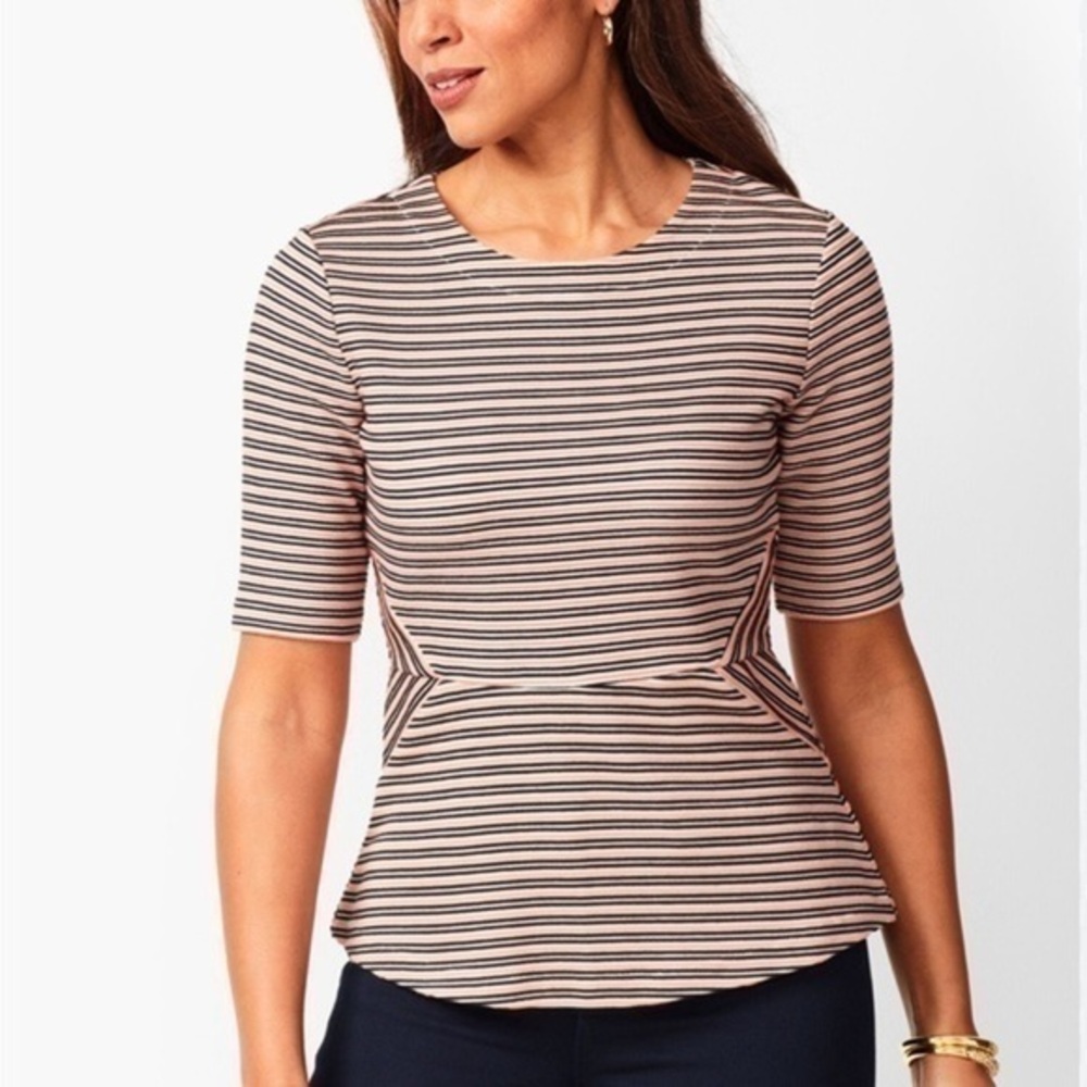 Talbots Knit Peplum Ribbed Striped Waist Defining Top 3/4 Sleeve Pink Medium